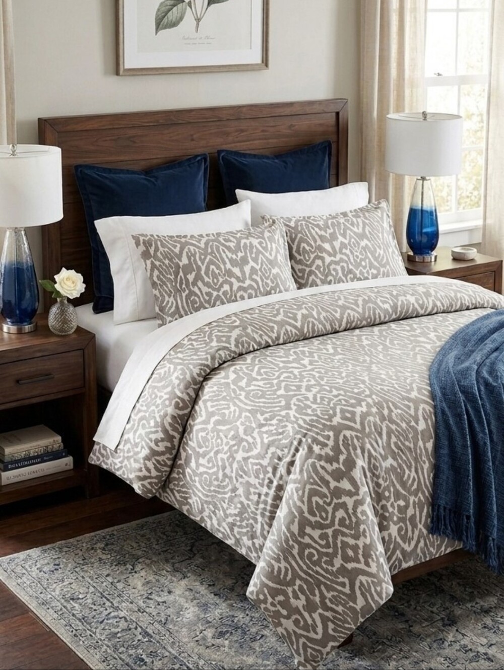 Pottery Barn Gray Slate Cotton Graphic Percale Full/Queen Duvet Pillow Shams